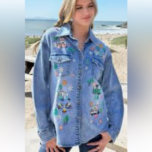 Billy T Tops - Billy T Denim Happy Camper Embroidered Shirt Shacket Overshirt MSRP $142